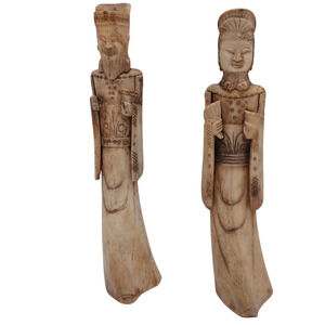 Pair of Vintage Carved Bovine Bone Chinese Emperor & Empress Figurines 11" Tall